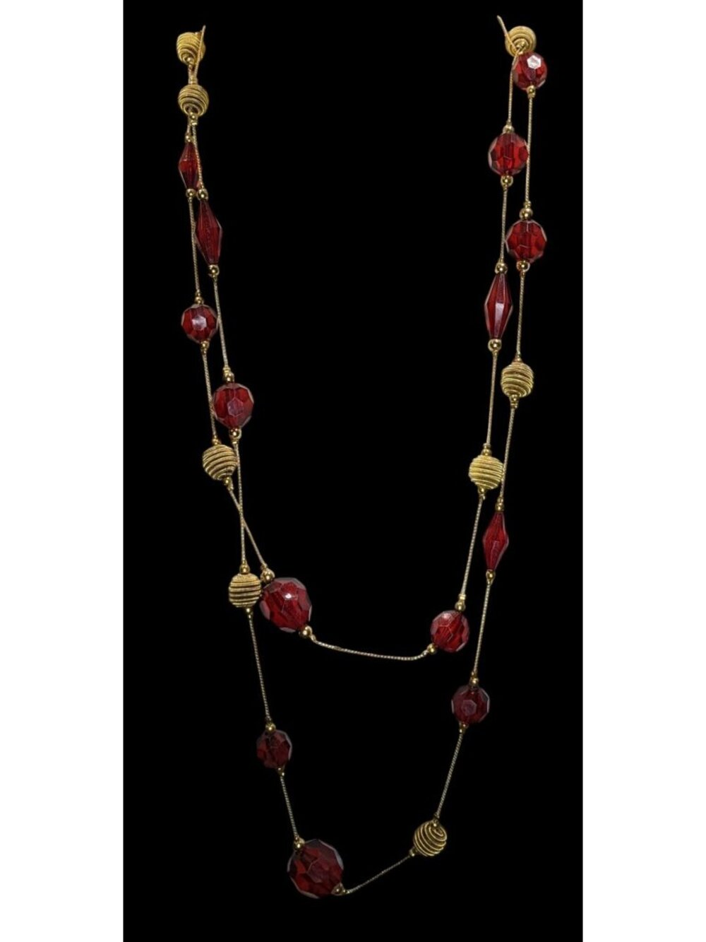 Vintage Station Necklace 58 Inch Red Gold Acrylic Bead Midcentury Elegance